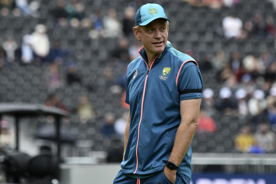 Australian head coach Andrew McDonald arrives for the fifth day of the fourth Ashes Test match between England and Australia at Old Trafford, Manchester, England, Sunday, July 23, 2023. (AP Photo/Rui Vieira)