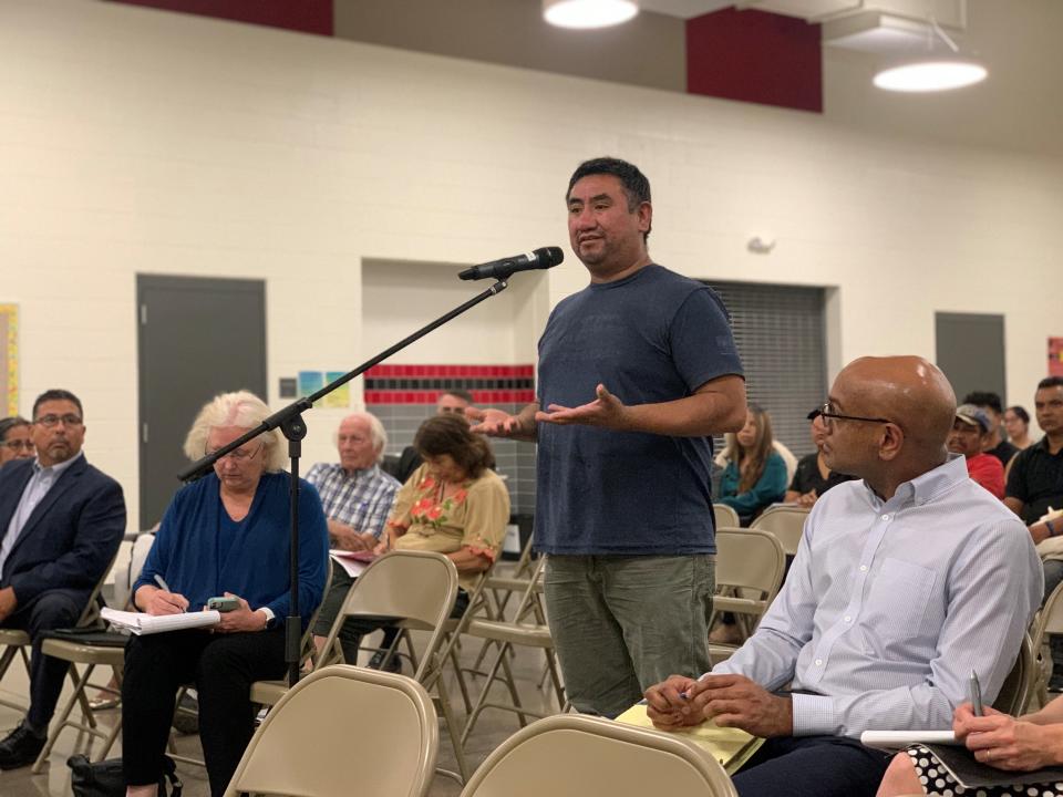 Andrew Sanchez, a Guadalupe resident, addresses a court monitor during a meeting at Frank Elementary School Oct. 19, 2023, to provide updates on compliance efforts by the Maricopa County Sheriff's Office with three court orders to root out racial profiling.