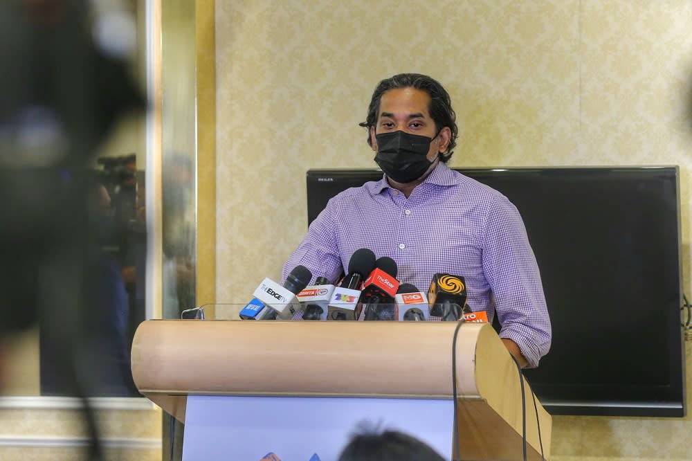 Minister of Science, Technology and Innovation Khairy Jamaluddin speaks to the press during a visit to the Covid-19 vaccination centre at the World Trade Centre Kuala Lumpur May 5, 2021. ― Picture by Ahmad Zamzahuri