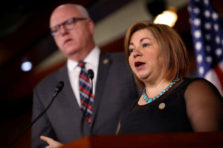 FILE PHOTO: Rep. Linda Sanchez (D-CA), Vice Chair of the House Democratic Conference, speaks at a news conference on Capitol Hill in Washington, U.S., November 29, 2017. REUTERS/Aaron P. Bernstein