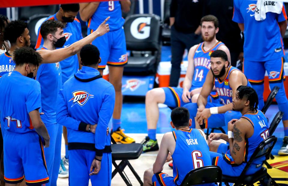 The Thunder huddles in the second quarter of a 152-95 loss to the Pacers on Saturday at Chesapeake Energy Arena. It was the worst loss in team history and the worst home loss in NBA history.