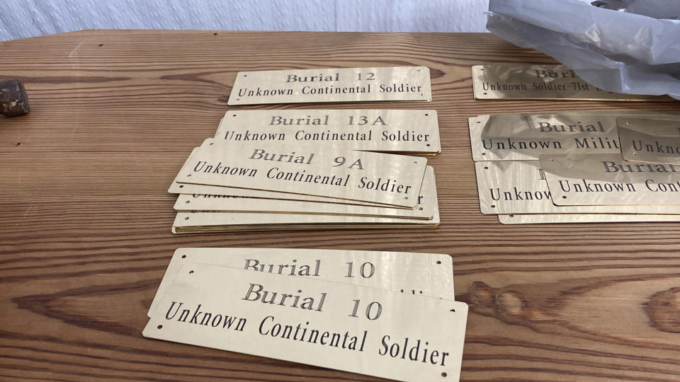 Plaques to help identify 14 unknown soldiers who were found at the site of the Battle of Camden and are being reburied are seen on Thursday, March 30, 2023, in Columbia, South Carolina. (AP Photo/Jeffrey Collins)