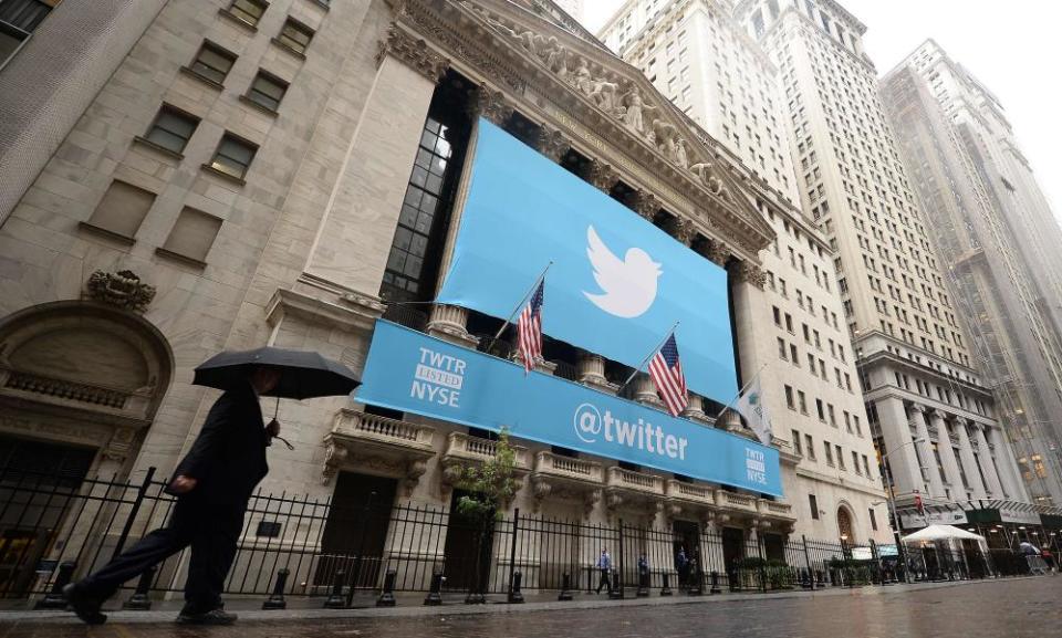 Twitter logo on New York Stock Exchange in the rain