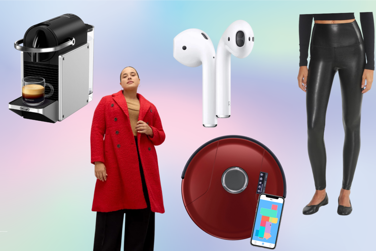 photos of a coffee machine, a red jacket, airpods, a robot vacuum and leggings