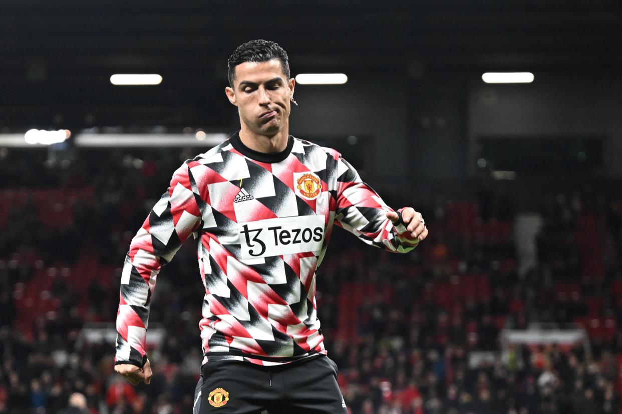 Manchester United striker Cristiano Ronaldo during the warm up prior to the English Premier League football against Tottenham Hotspur at Old Trafford. 