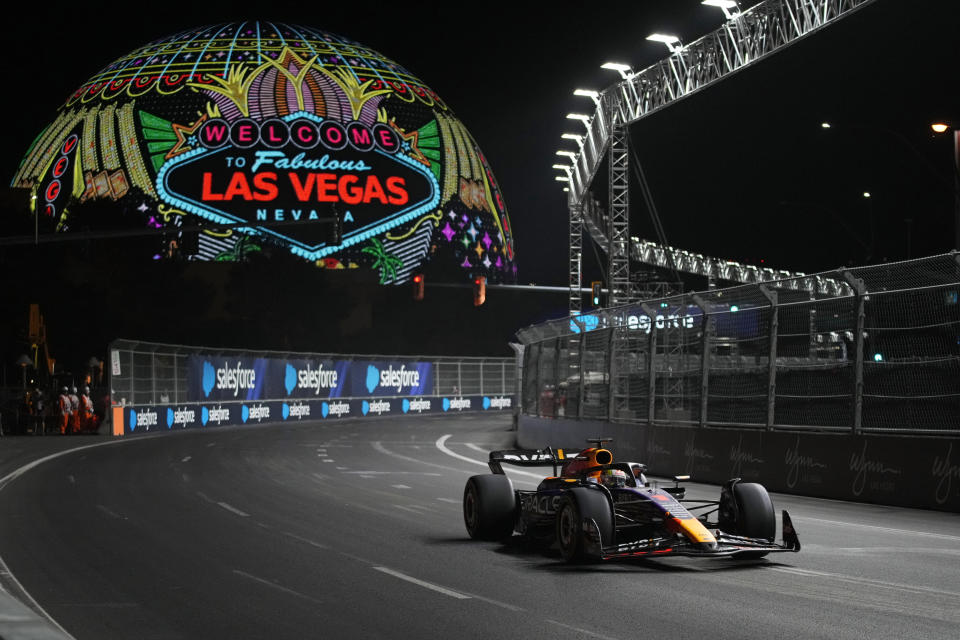 Red Bull driver Max Verstappen, of the Netherlands, drives during the final practice session for the Formula One Las Vegas Grand Prix auto race, Friday, Nov. 17, 2023, in Las Vegas. (AP Photo/John Locher)