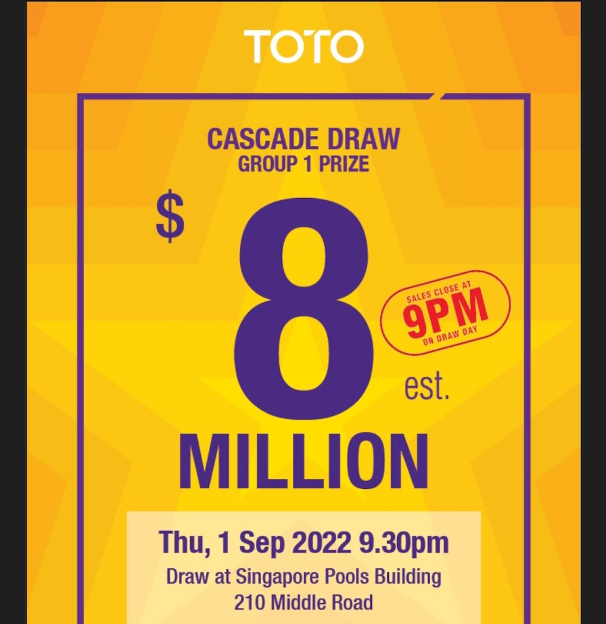 Singapore Toto $8 million draw on 1 September 2022. (POSTER: Singapore Pools)