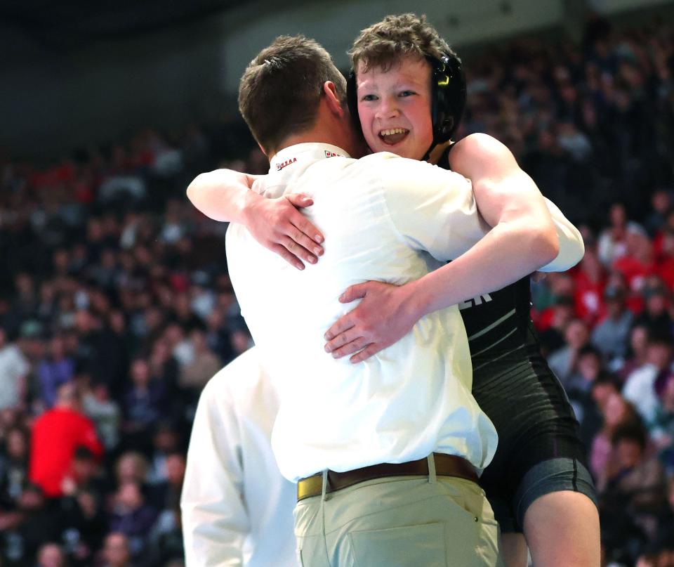 Conley Evans, Box Elder, celebrates his win at 106 pounds in the 5A boys wrestling state championships at UVU in Orem on Saturday, Feb. 17, 2024. | Jeffrey D. Allred, Deseret News