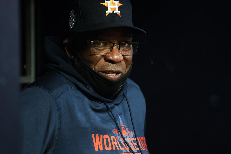Houston Astros manager Dusty Baker Jr. waits for the start of d Game 4 of baseball's World Series between the Houston Astros and the Atlanta Braves Saturday, Oct. 30, 2021, in Atlanta. (AP Photo/Ashley Landis)