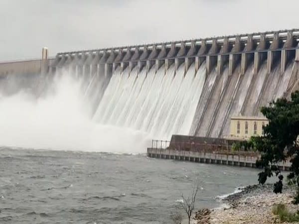 10 gates of Nagarjuna Sagar dam opened in Nalgonda District on Saturday. (Photo/ANI)