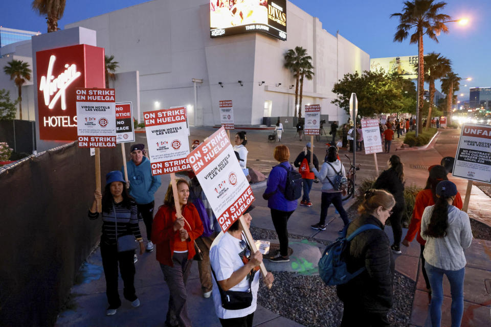 Culinary Local 226 members picket at the start of a 48 hour strike at Virgin Hotels in Las Vegas, Friday, May 10, 2024. About 700 workers walked off the job at a hotel-casino just off the Las Vegas Strip Friday morning in what union organizers said would be a 48-hour strike after spending months trying to reach a deal for new 5-year contract with Virgin Hotels. (K.M. Cannon/Las Vegas Review-Journal via AP)