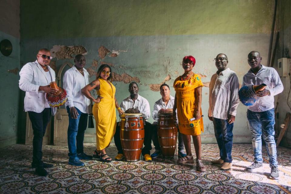 Grupo AfroCuba, from left, Andro Mella, Miguel Angel Drake (El Negro), Yaíma Pelladito, Idalberto Verrier (Puchito), Yosvany Oliver, Dolores Pérez, Laureano Alfonso (Papito),and dsu José Luis García (Pepito). (Photo courtesy of GroundUPFestival)