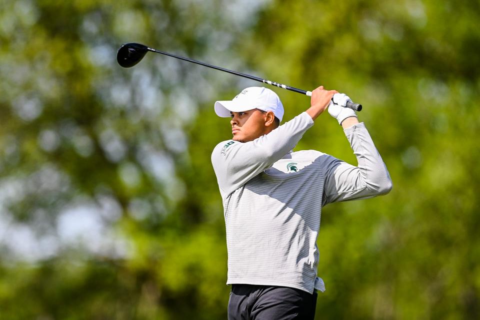 Michigan State's Troy Taylor II tees off on hole No. 15 during the NCAA golf regional on Monday, May 15, 2023, at Eagle Eye Golf Club in Bath Township.