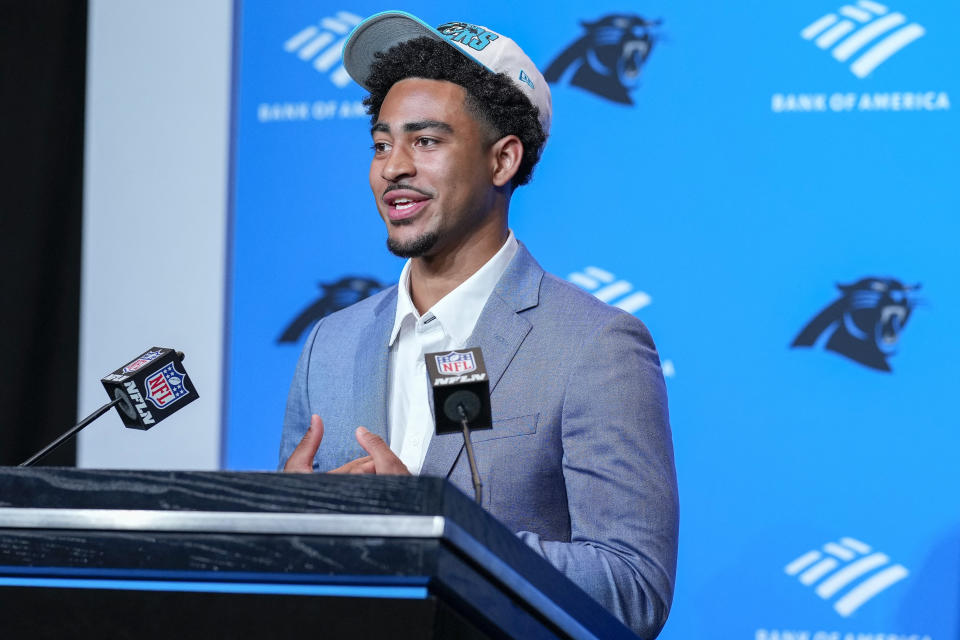 Apr 28, 2023; Charlotte, NC, USA; Bryce Young greets the media and answers questions during his press conference at Bank of America Stadium. Mandatory Credit: Jim Dedmon-USA TODAY Sports