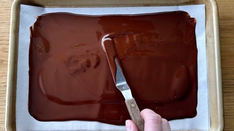 Melted chocolate spread in pan