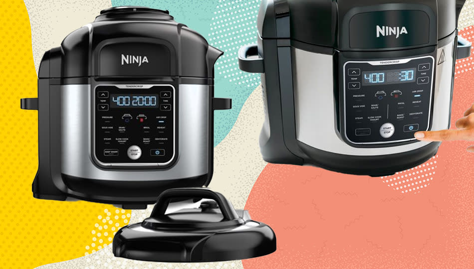 Two Ninja multi-cookers shown, one without lid