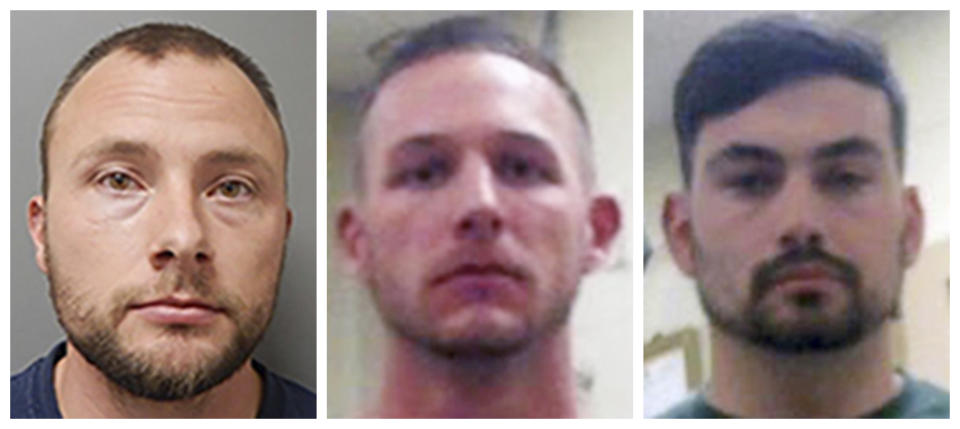 FILE - This combination of photos provided by the Ouachita Correctional Center and Franklin Parish Sheriff's Office shows, from left, former Louisiana State Police Troopers Jacob Brown, Dakota DeMoss and George "Kam" Harper. In February 2024, Louisiana prosecutors have quietly dismissed charges against state police troopers who were recorded beating Antonio Harris, a Black motorist, and hoisting him to his feet by his hair braids before bragging in text messages that the “whoopin’” would give the man “nightmares for a long time.” (Ouachita Correctional Center and Franklin Parish Sheriff's Office via AP, File)