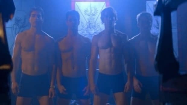 No, this isn't "Magic Mike"—this is a scene from "Wolves of Wall Street," a 2002 werewolf movie.<p>DEJ Productions</p>