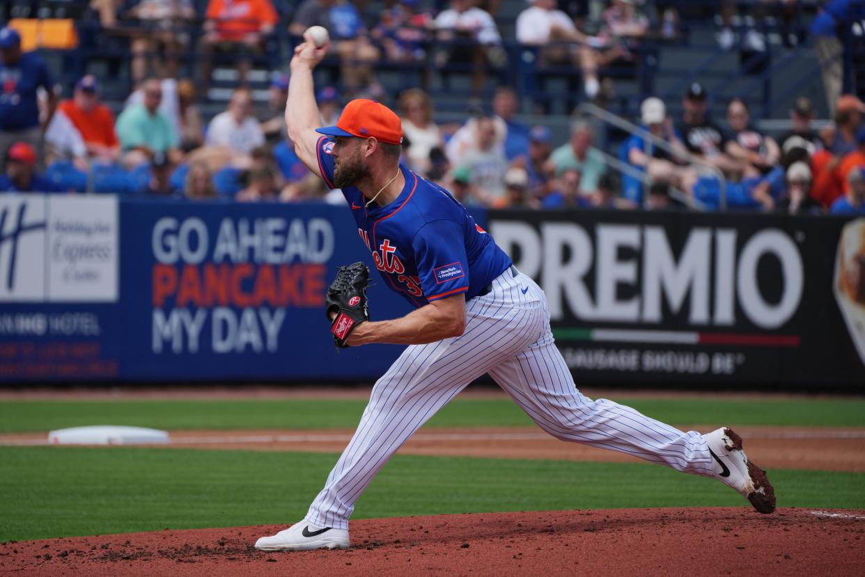 New York Mets pitcher Adrian Houser (35) pitches in the second inning against the Detroit Tigers at Clover Park in Port St. Lucie, Florida, on Sunday, March 10, 2024.