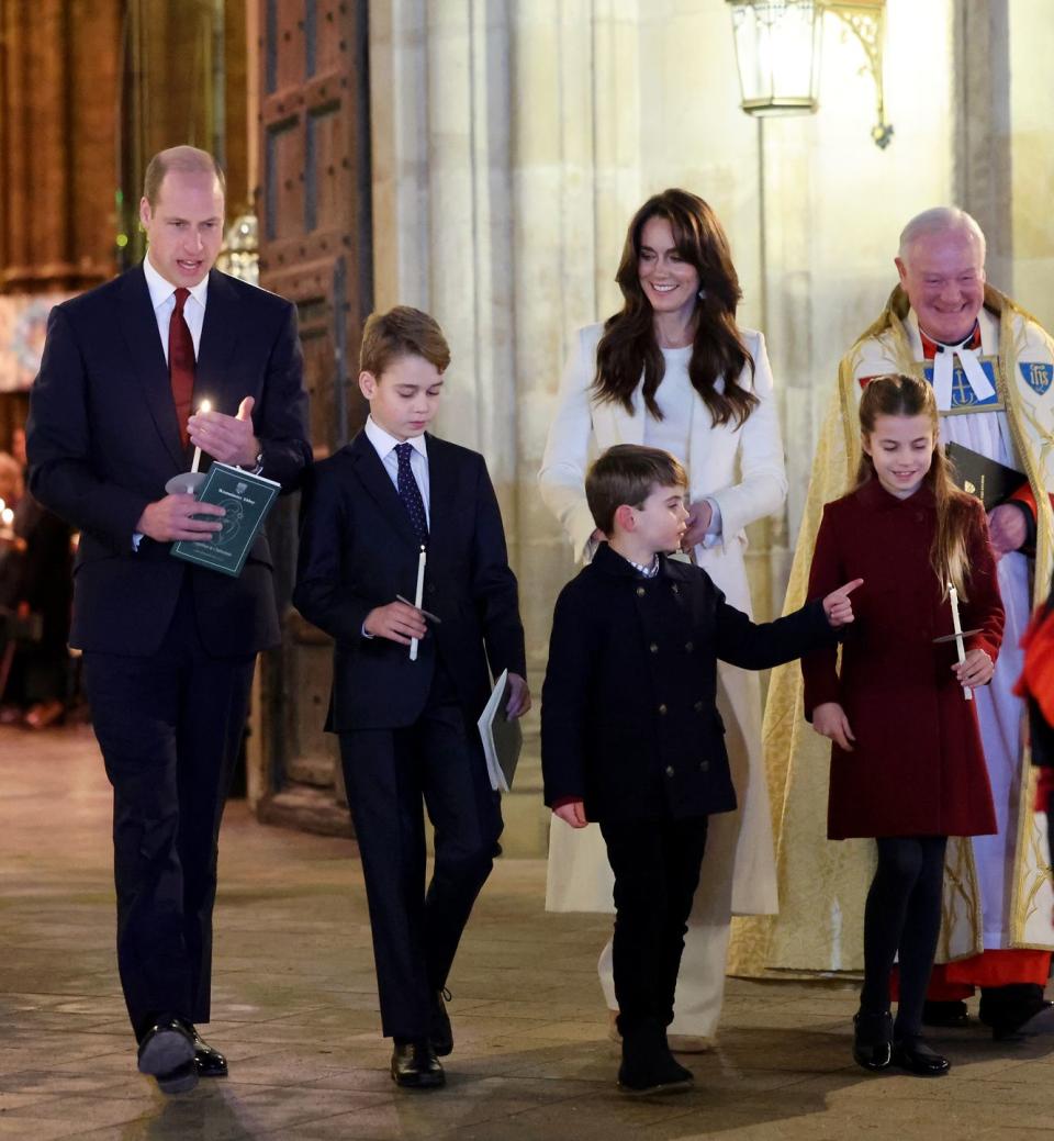 london, england december 08 prince william, prince of wales, prince george of wales, prince louis of wales, catherine, princess of wales and princess charlotte of wales attend the together at christmas carol service at westminster abbey on december 08, 2023 in london, england spearheaded by the princess of wales, and supported by the royal foundation, the service is a moment to bring people together at christmas time and recognise those who have gone above and beyond to help others throughout the year photo by chris jacksongetty images