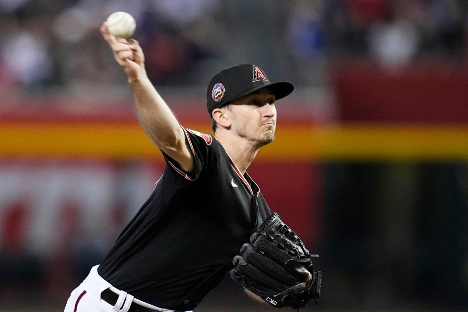 Arizona Diamondbacks starting pitcher Zach Davies throws against the Pittsburgh Pirates during the first inning of a baseball game on July 9, 2023, in Phoenix.