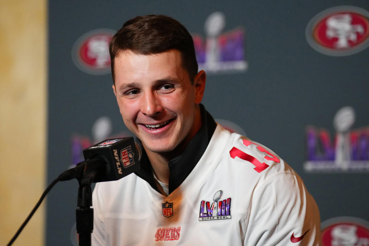 San Francisco 49ers quarterback Brock Purdy speaks to media on Feb. 8, 2024 in Henderson, Nev. (Chris Unger / Getty Images)