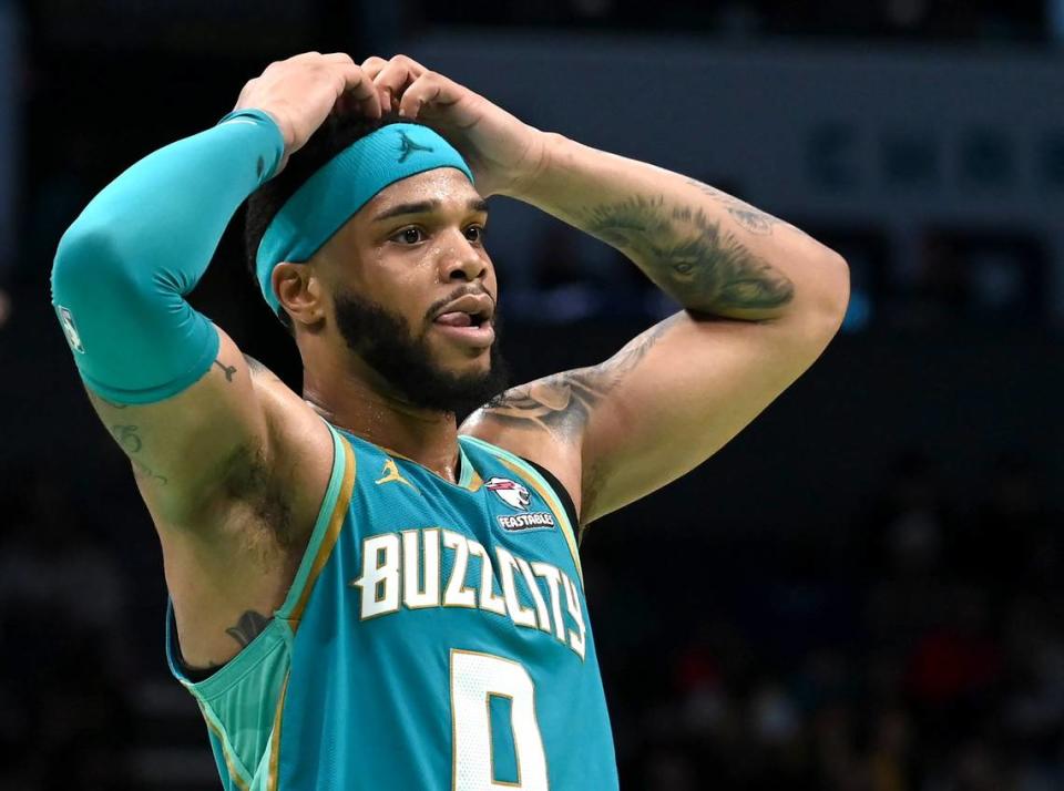 Charlotte Hornets forward Miles Bridges reacts to a call against the team during action against the Los Angeles Lakers at Spectrum Center in Charlotte, NC on Monday, February 5, 2024. The Lakers defeated the Hornets 124-118.