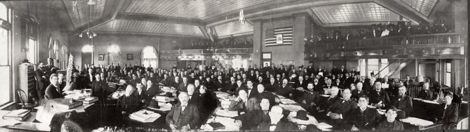 This 1907 photo by Fred S. Barde shows Oklahoma Constitutional Convention in session at City Hall in Guthrie.