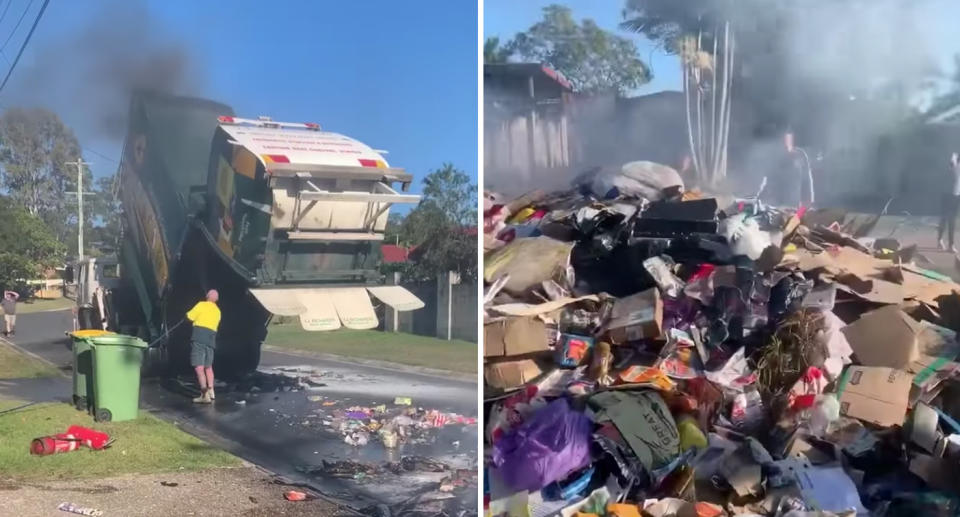 Photo shows a recycling truck and its load spilled onto the ground in Queensland.