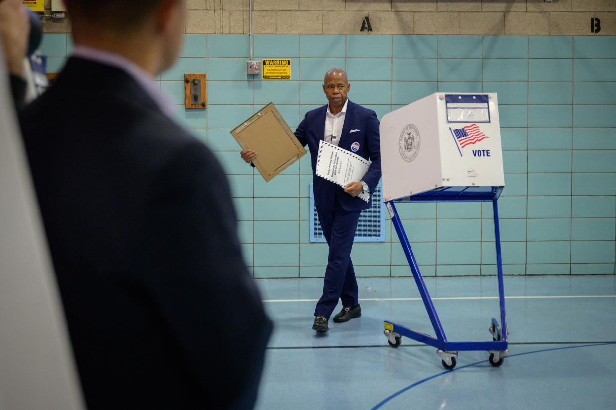 New York Democratic mayoral candidate Eric Adams prepares to cast his vote at a voting center in Brooklyn, New York on Nov. 2, 2021.