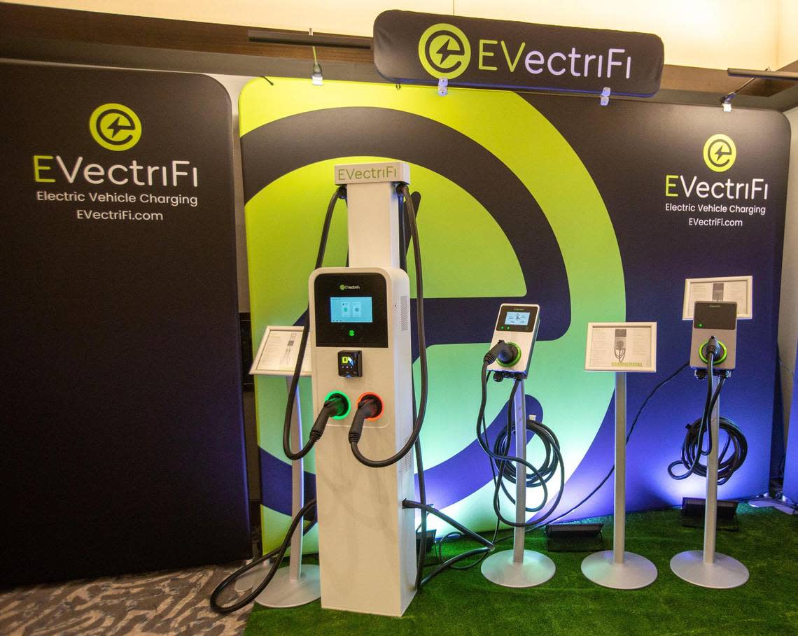 Electric chargers for cars and boats created by EVectriFi sit in the showroom during the Miami International Boat Show.