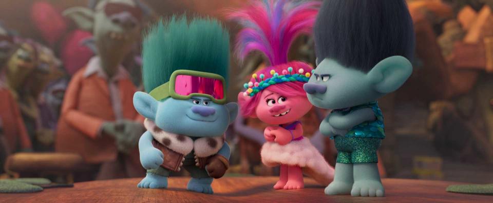 (from left) John Dory (Eric Andre), Poppy (Anna Kendrick) and Branch (Justin Timberlake) in Trolls Band Together, directed by Walt Dohrn. (Universal/Dreamworks)