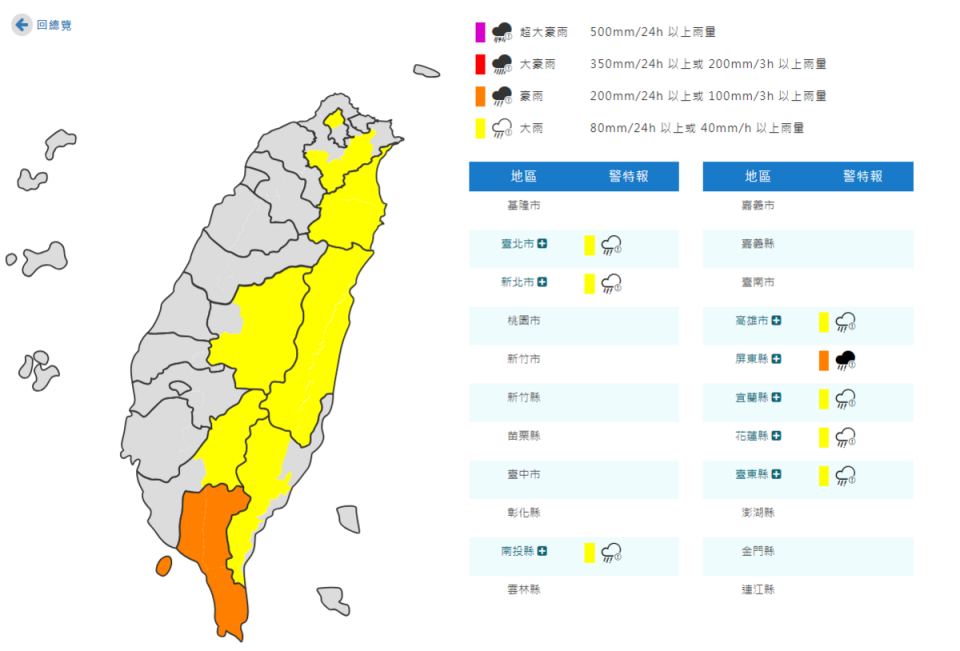 氣象署於3時55分對8縣市發布豪大雨特報。   圖：取自中央氣象署