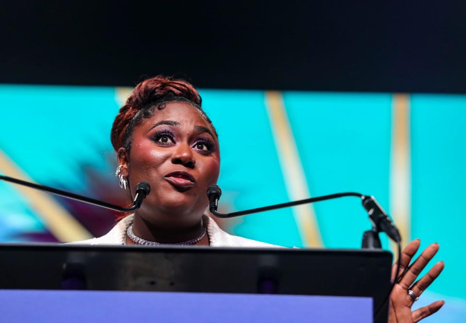 Danielle Brooks accepts the Spotlight Award for her role in "The Color Purple" during the Palm Springs International Film Awards in Palm Springs, Calif., Thursday, Jan. 4, 2024.