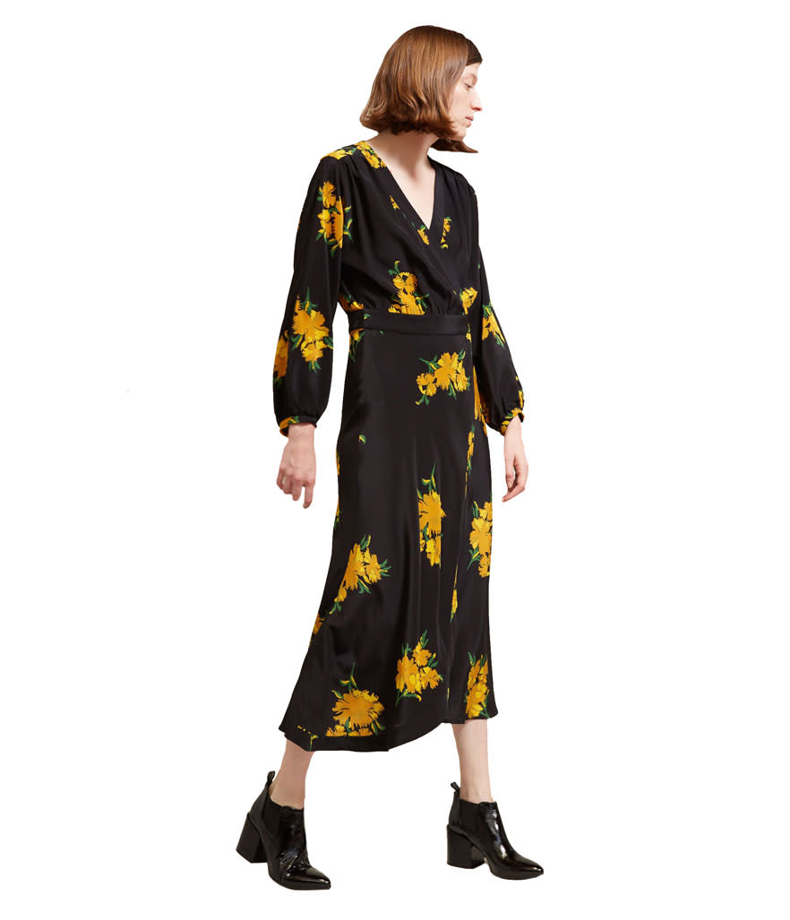 <p>No. 6 Berta Wrap Dress in Golden Winter Floral, $495, <a rel="nofollow noopener" href="https://no6store.com/collections/dresses/products/no-6-berta-wrap-dress-in-golden-winter-floral?page=1" target="_blank" data-ylk="slk:no6store.com.;elm:context_link;itc:0;sec:content-canvas" class="link ">no6store.com.</a> </p>