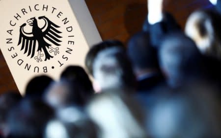 FILE PHOTO - The logo of the German Federal Intelligence Agency (BND) is pictured at the 60th anniversary of the founding of the BND in Berlin, Germany, November 28, 2016. REUTERS/Hannibal Hanschke