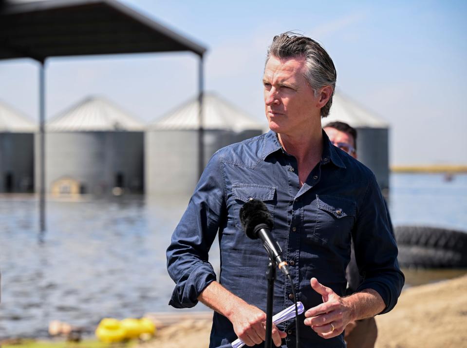 California Gov. Gavin Newsom speaks to media Tuesday, April 25, 2023.