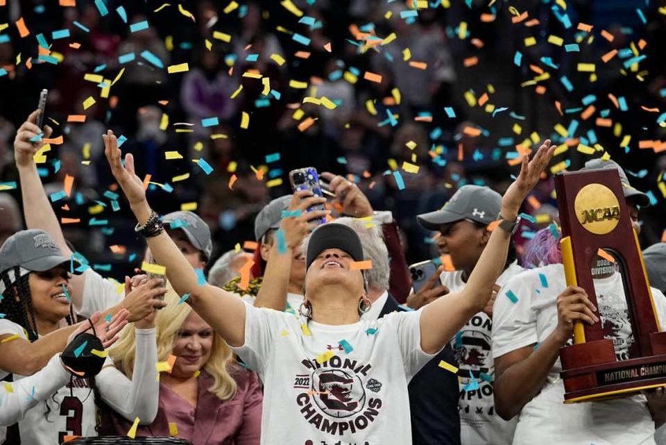 South Carolina head coach Dawn Staley celebrates after leading her team to a second national championship in April.