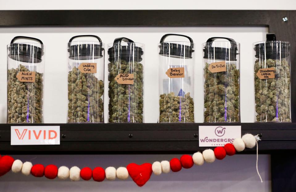 Different strains of flower cannabis on display at High Profile dispensary at 2935 E. Chestnut Expressway on Friday, Feb. 9, 2024.