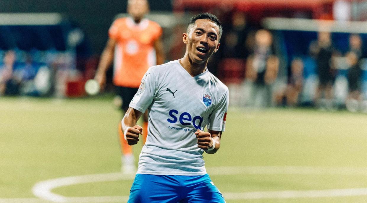 Lion City Sailors forward Shawal Anuar celebrates scoring their third goal against Hougang United in the 2023 Singapore Cup final. (PHOTO: Facebook/Lion City Sailors)