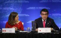 Japan's Minister of Foreign Affairs Taro Kono speaks with Canada’s Minister of Foreign Affairs Chrystia Freeland during the Foreign Ministers’ Meeting on Security and Stability on the Korean Peninsula in Vancouver, British Columbia, Canada, January 16, 2018. REUTERS/Ben Nelms