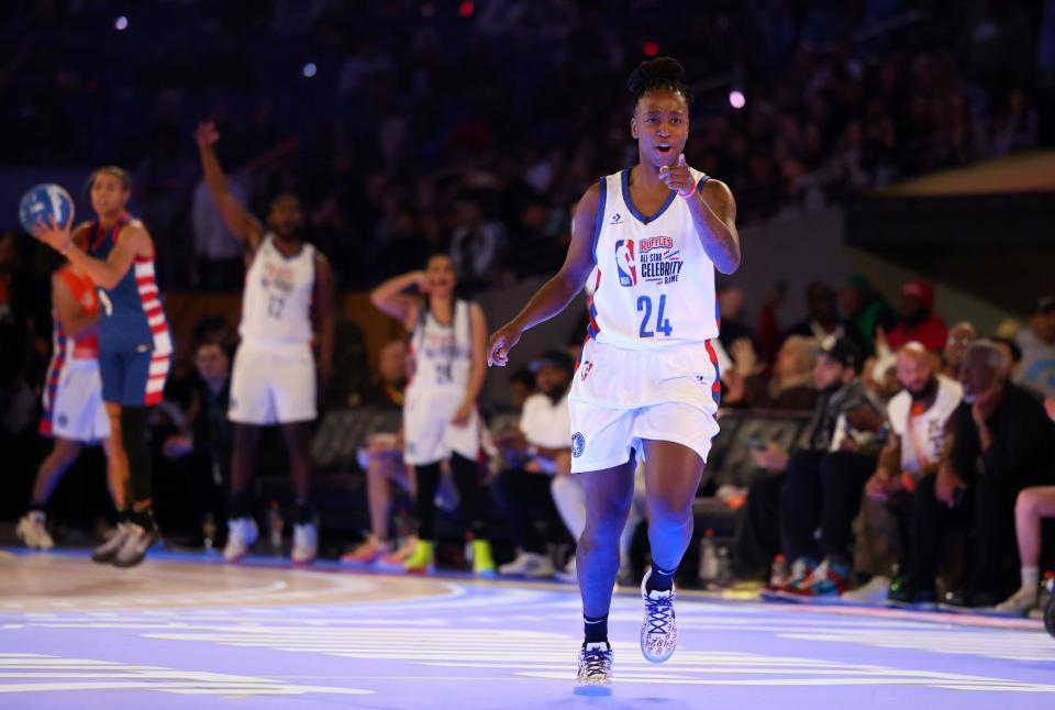 Feb 16, 2024; Indianapolis, IN, USA; Jewell Loyd (24) of Team Shannon reacts in the second quarter against Team Stephen A during the All Star Celebrity Game at Lucas Oil Stadium. Mandatory Credit: Trevor Ruszkowski-USA TODAY Sports