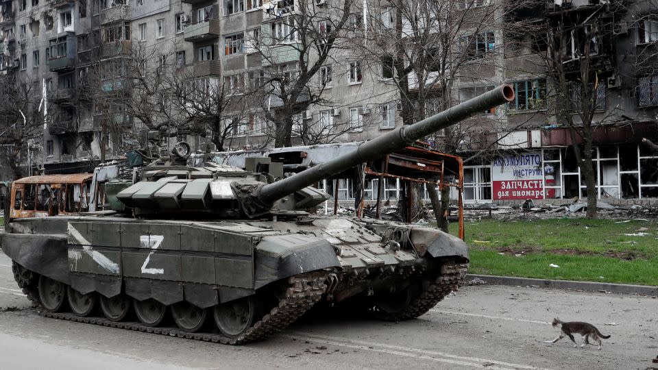 A Russian tank in Mariupol in April 2022, during the peak of the fighting around the city. - Alexander Ermochenko/Reuters