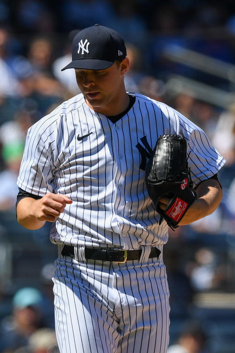Yankees starting pitcher Michael King celebrates after striking out the final batter in the 10th inning of the game against the Detroit Tigers on June 5 at Yankee Stadium.