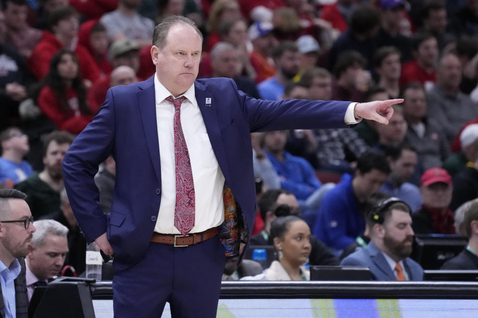 Wisconsin head coach Greg Gard directs his team during the second half of an NCAA college basketball game against Ohio State at the Big Ten men's tournament, Wednesday, March 8, 2023, in Chicago. (AP Photo/Charles Rex Arbogast)