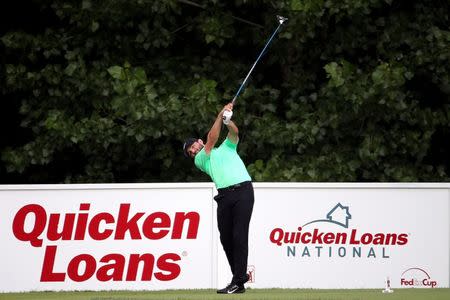 Jul 2, 2017; Potomac, MD, USA; Kyle Stanley tees off on the 15th hole during the final round of the Quicken Loans National golf tournament at TPC Potomac at Avenel Farm. Mandatory Credit: Peter Casey-USA TODAY Sports