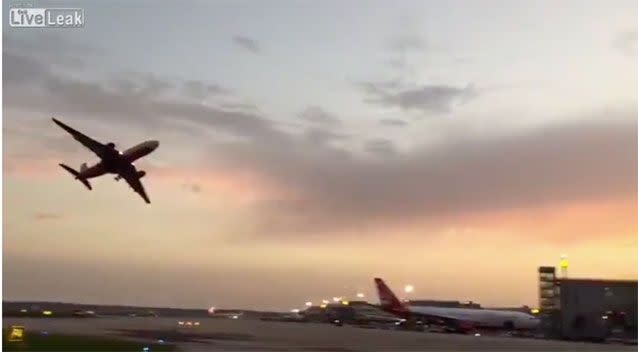 About 200 people were reportedly onboard the plane, which eventually landed on Monday morning, while worried onlookers feared it would crash. Picture: LiveLeak