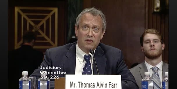 U.S. District Court nominee Thomas Farr testifies before the Senate Judiciary Committee in September. (Photo: CSPAN)