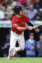 Cleveland Guardians' Steven Kwan watches his single off Detroit Tigers relief pitcher Jason Foley during the seventh inning of a baseball game Tuesday, Aug. 16, 2022, in Cleveland. (AP Photo/Ron Schwane)