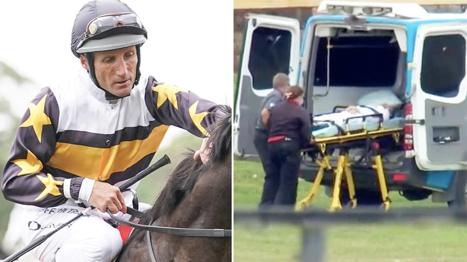 Damien Oliver, pictured here after he was injured in a barrier incident in Victoria.